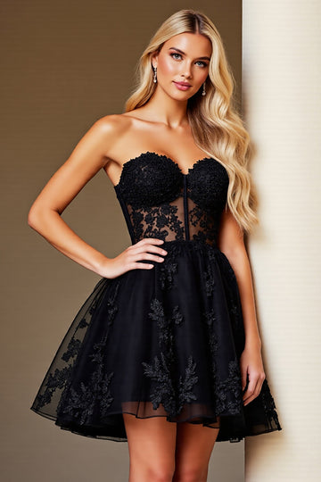 A Line Black Appliqued Sweetheart Homecoming Dress